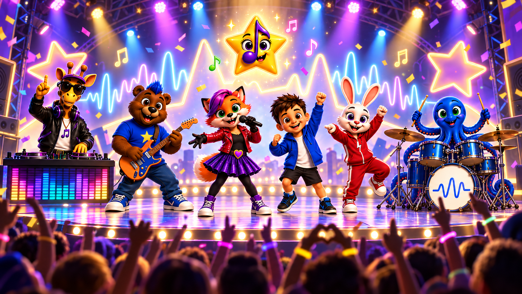 DJ G. Raff, Barry, Fiona, Aiden, Ruby, and Ollie performing together onstage with Beat Spark